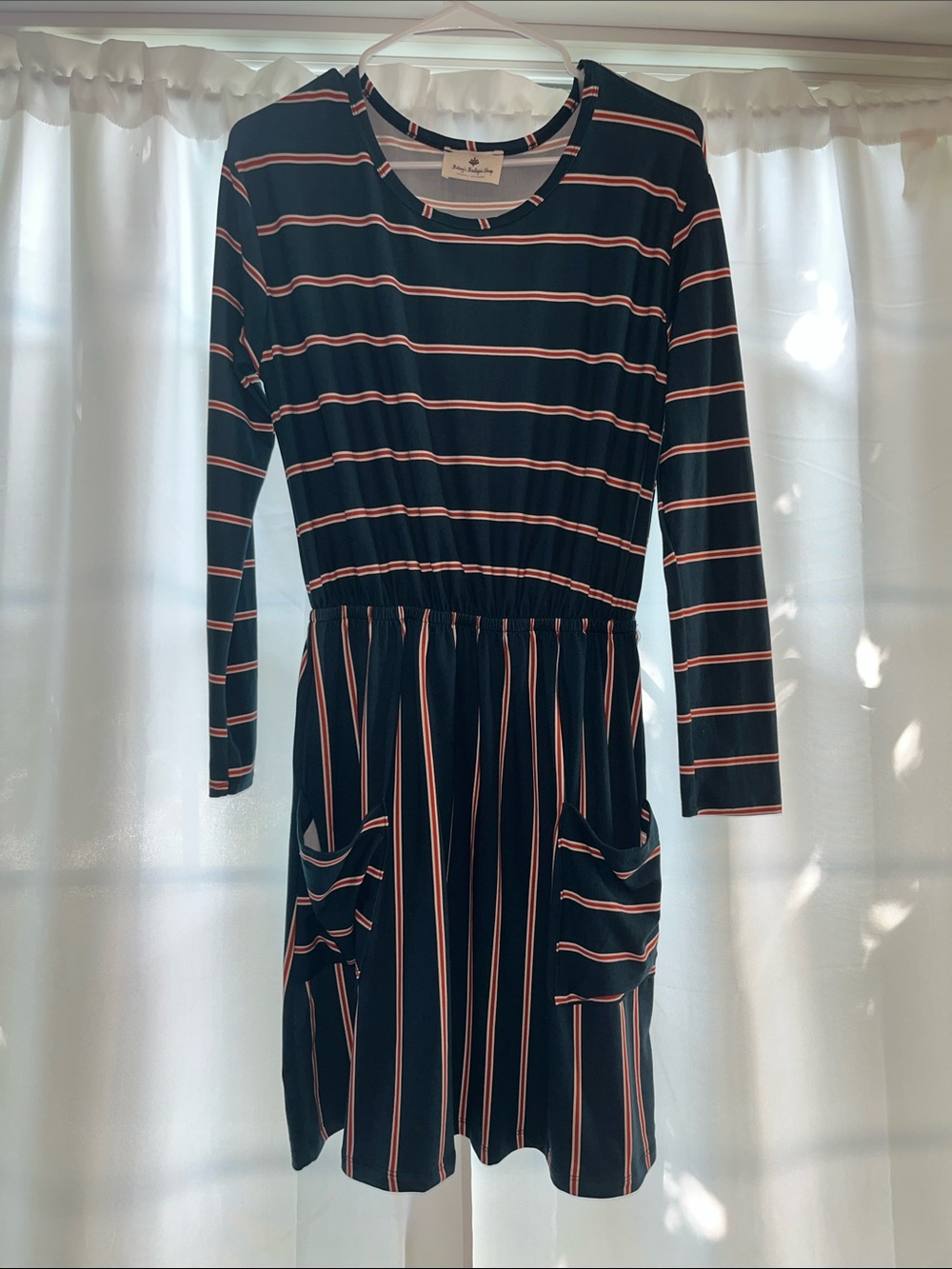 Striped Long-Sleeve Jersey Dress in Blue and Orange with Pockets